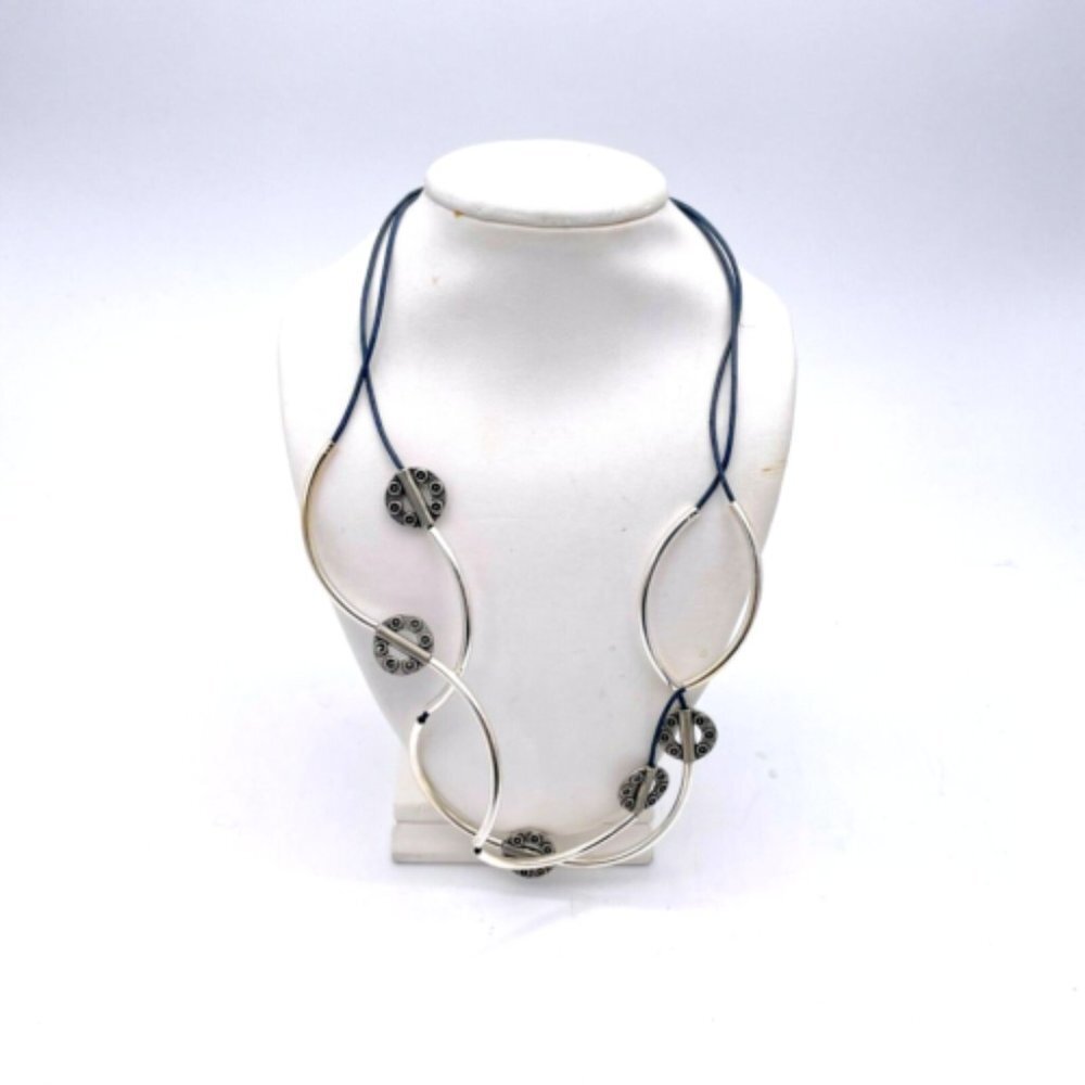 Vintage Lizzy James Silver Disc Leather Cord Necklace Layered Double Strand 48$